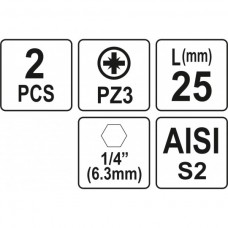 Biti de 25 mm 1/4" cu cap Pozidriv PZ3 Yato.. Biti de 25 mm 1/4" cu cap Pozidriv PZ3 Yato..
